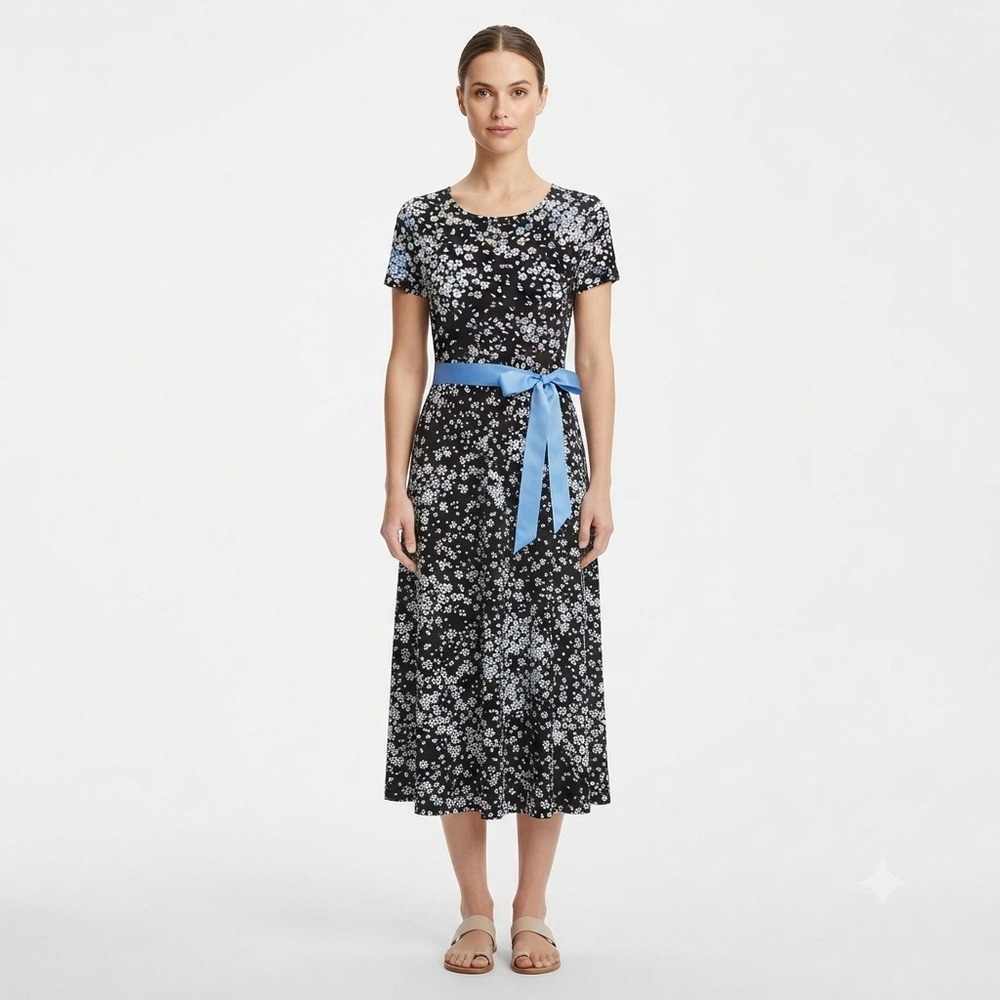 Chelsea Taylor Dress Womens Petite Large PL Floral Midi Black Blue Short Sleeve
